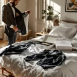 Persoon bekijkt elegante blazer uit House of Einstein styling box op bed, met premium kledingstukken uitgespreid