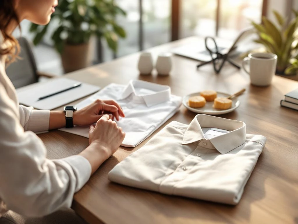 Professionele vrouw vergelijkt wit katoenen overhemd met beige linnen shirt op modern kantoorbureau