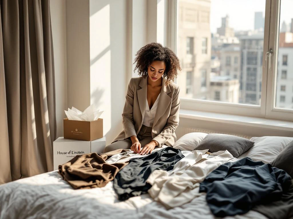 Professionele vrouw rangschikt vier zakelijke weekend outfits op bed in moderne stedelijke flat met natuurlijk licht