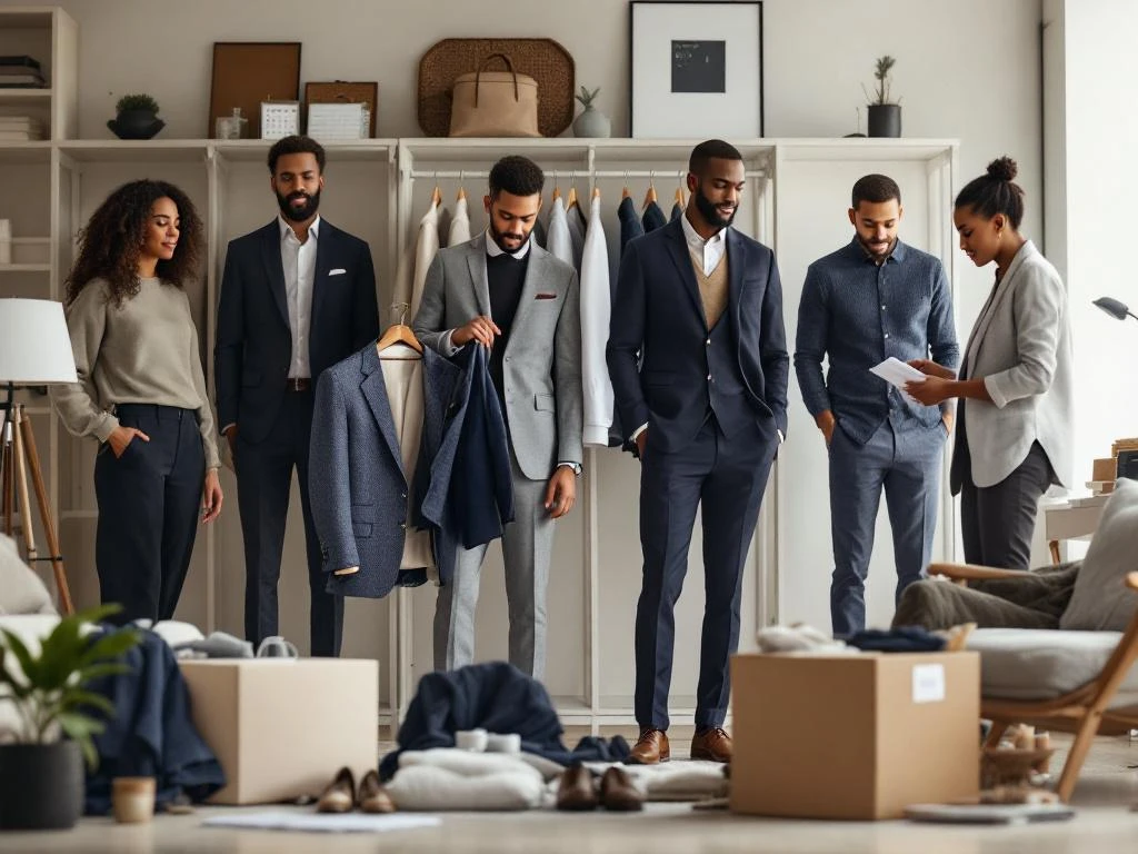 Diverse professionals organiseren zakelijke kleding uit House of Einstein styling boxes in moderne thuiskantoor ruimte