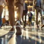 Diverse professionals dragen sokloze schoenen in moderne kantooromgeving met natuurlijk licht door grote ramen
