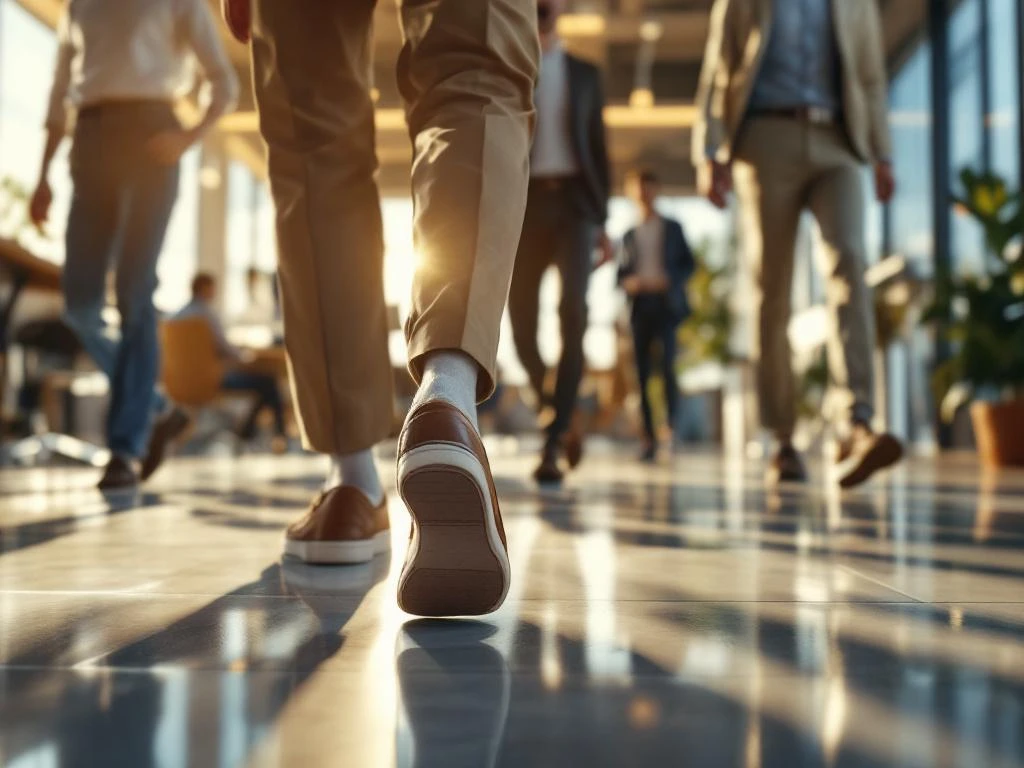 Diverse professionals dragen sokloze schoenen in moderne kantooromgeving met natuurlijk licht door grote ramen