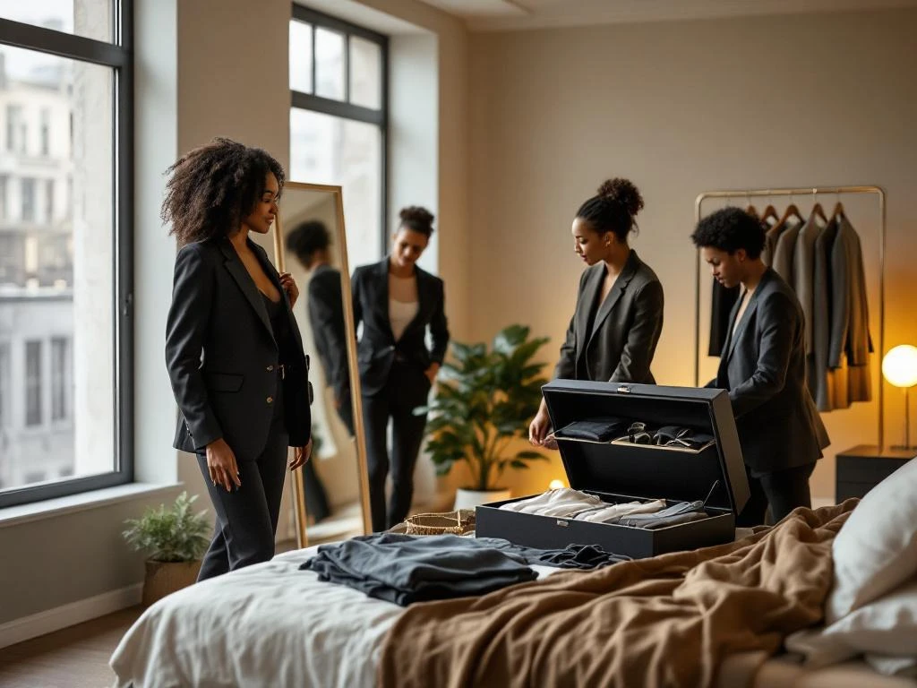 Diverse mensen passen stijlvolle kleding in moderne loft met natuurlijk licht en premium kledingcollectie