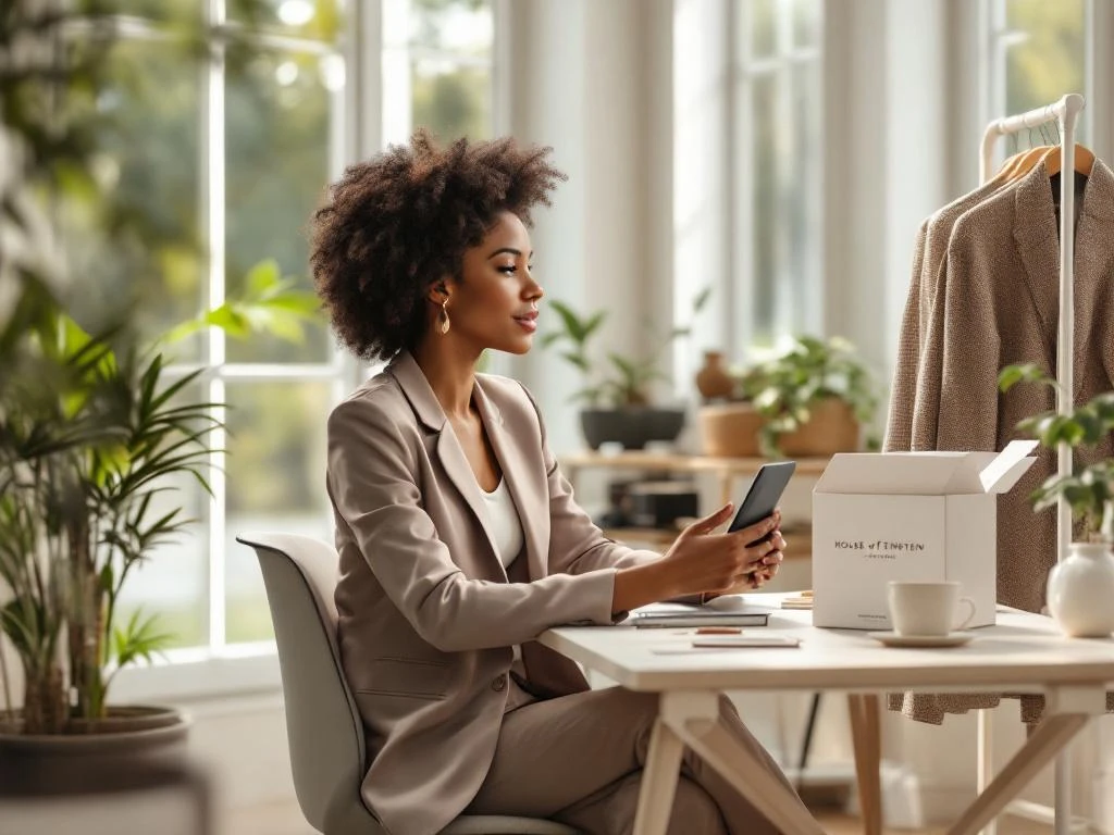 Diverse professionele vrouw in elegante blazer tijdens videogesprek in modern thuiskantoor met premium werkkleding van House of Einstein