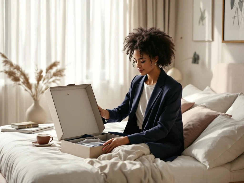 Vrouw in stijlvolle slaapkamer bekijkt marineblauwe blazer uit styling box bij warm natuurlijk licht