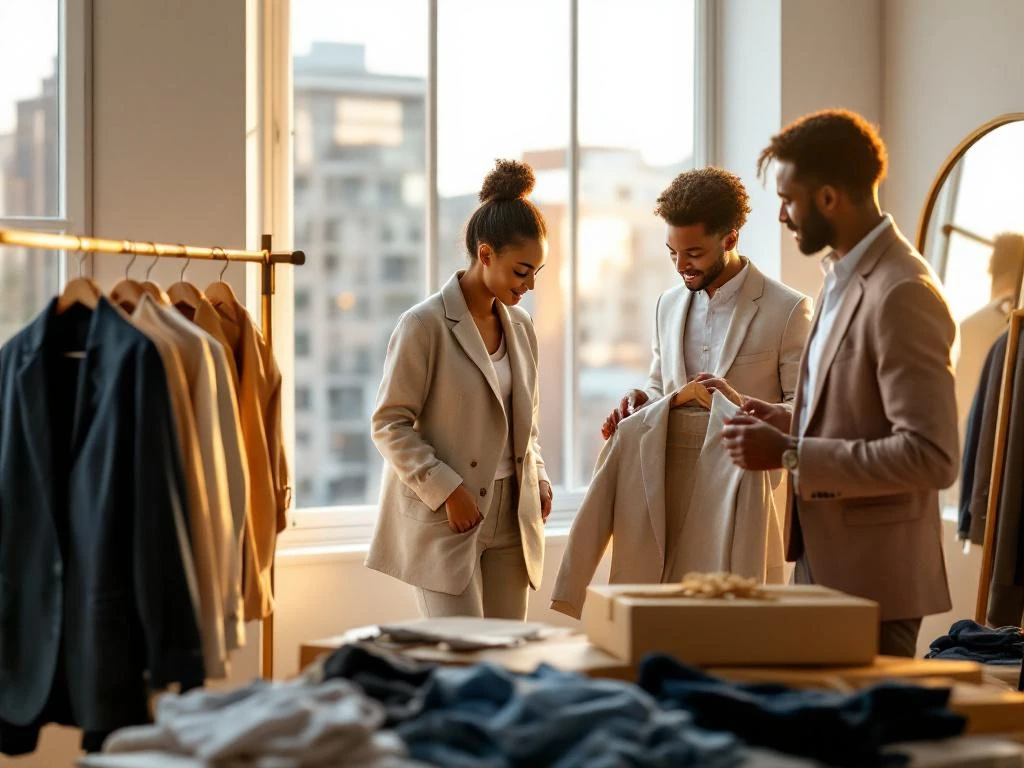 Diverse mensen passen elegante zomerjassen aan in moderne loft tijdens gouden uur, vrouw bekijkt blazer bij raam