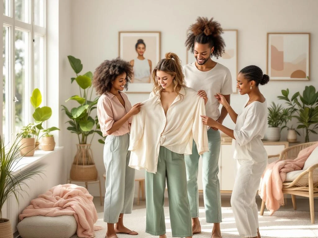 Diverse mensen stylen zomerkleding van House of Einstein in lichte pasteltinten in moderne woonkamer met natuurlijk licht