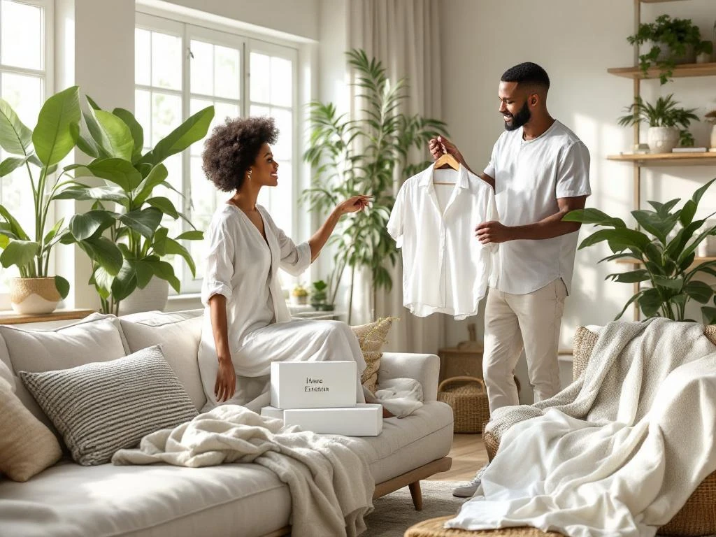 Diverse mensen bekijken House of Einstein zomerkleding van linnen en katoen in moderne lichte woonkamer