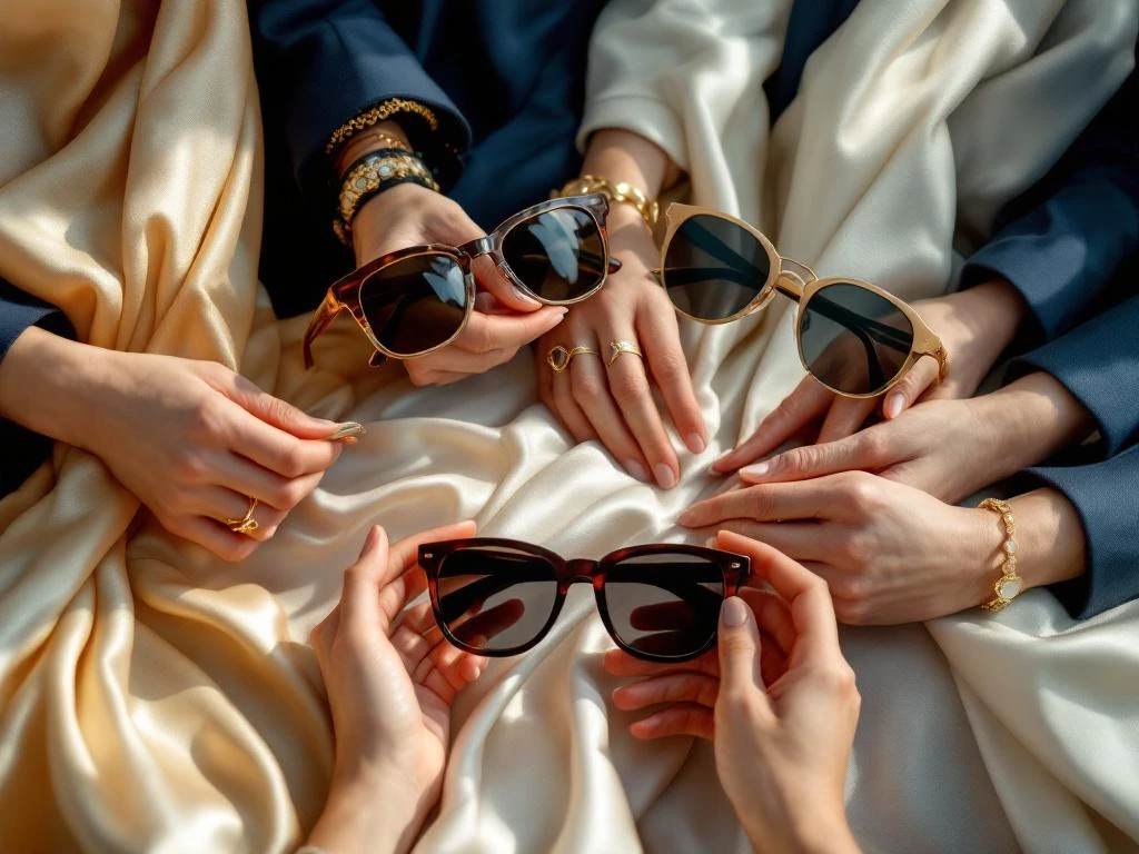 Diverse handen houden verschillende zonnebrillen vast tegen luxe stoffen zoals blazers en zijden sjaals in een mode-setting