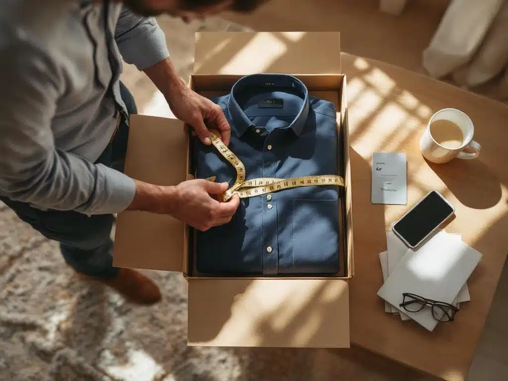 Man meet kleedingstuk uit kledingabonnement op houten dressoir met meetlint en stijlgids in zonnige slaapkamer