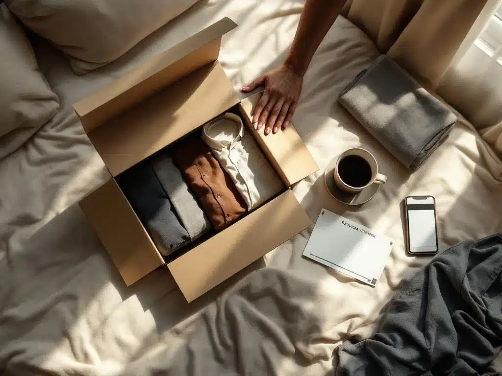 Overzicht van open kledingdoos met herenkleding op bed, met retourlabel en handen die retouren voorbereiden