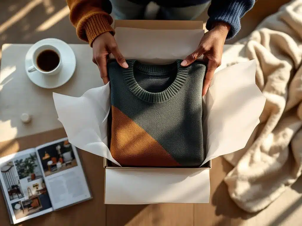 Handen tillen premium trui uit minimalistische kledingdoos op salontafel met koffie en tijdschrift in gezellige woonkamer