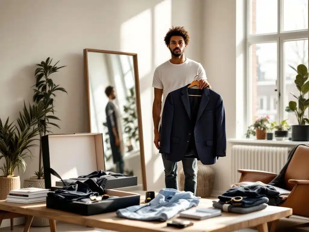 Man in Amsterdam loft houdt marineblauwe blazer voor spiegel met stijlvolle kledingbox en accessoires op tafel