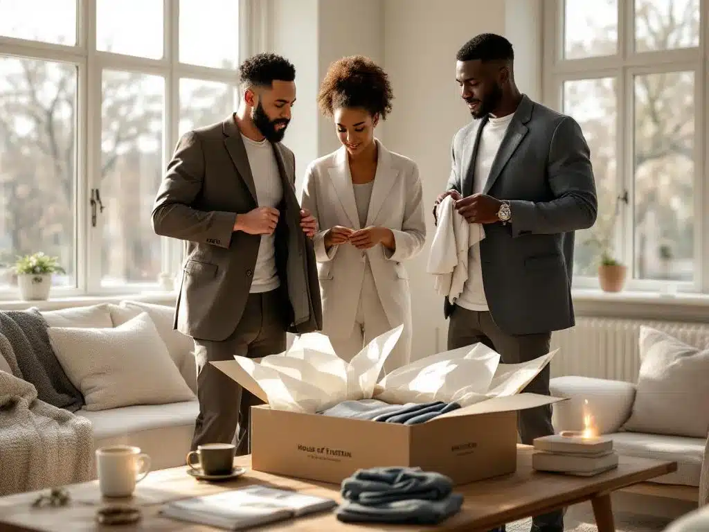 Drie personen bekijken kleding uit House of Einstein styling box in modern Nederlands appartement met natuurlijk licht