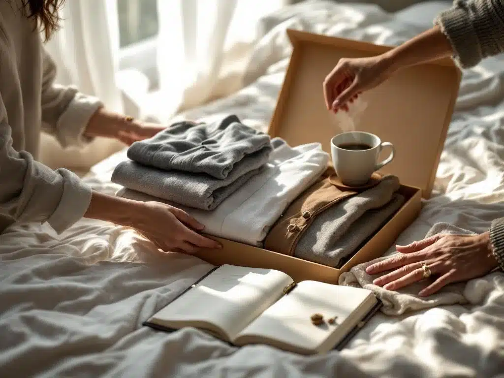 Handen rangschikken premium kleding uit luxe doos op bed in modern Scandinavisch interieur met ochtendlicht