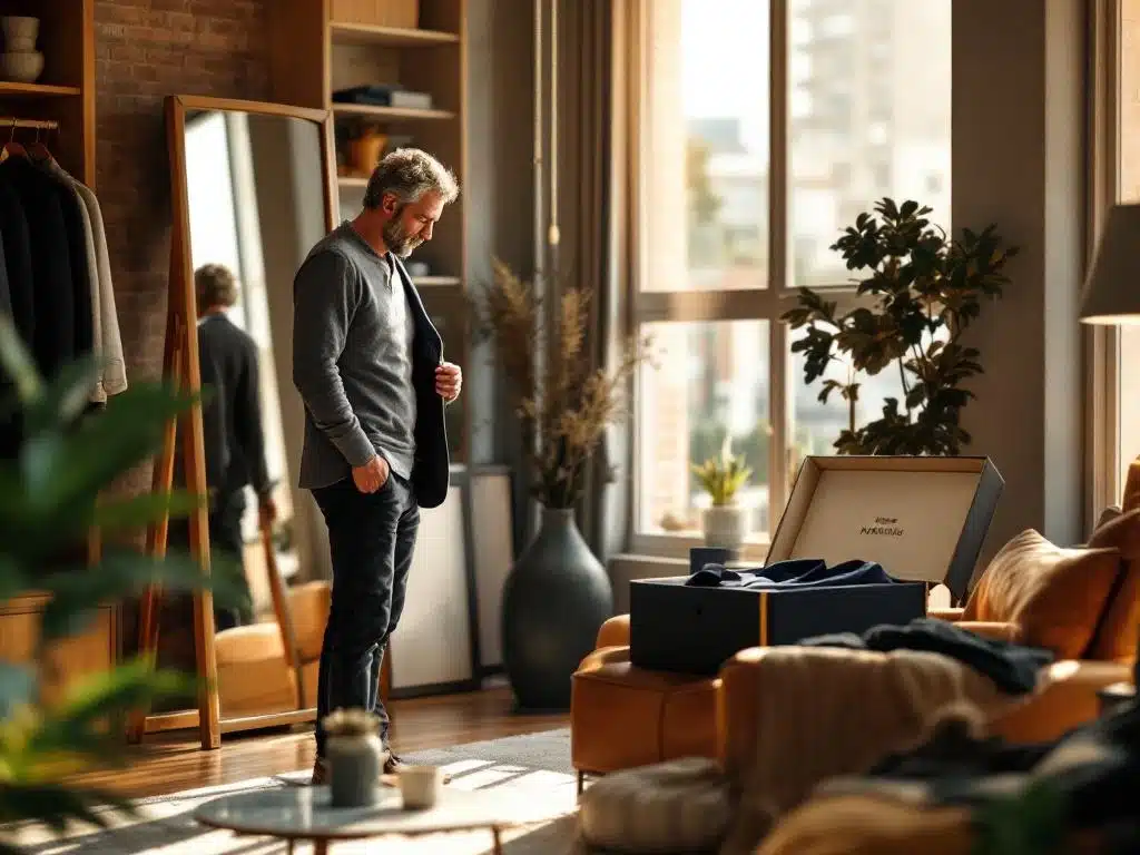 Man van middelbare leeftijd past marineblauw jasje in moderne loft met warme ochtendverlichting