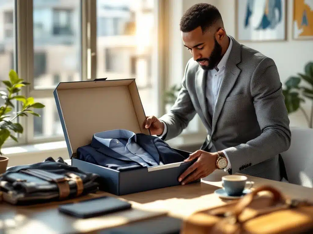 Man opent kledingdoos met zakelijke kleding op bureau in modern appartement met natuurlijk licht