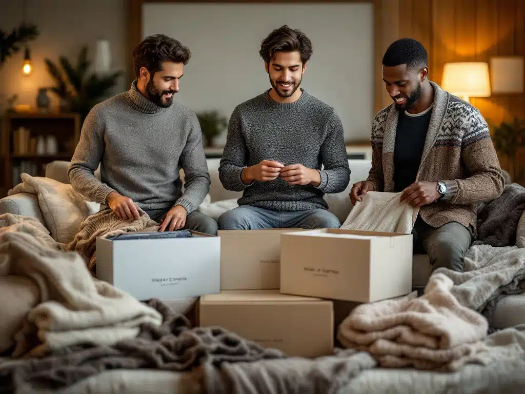 Diverse mannen bekijken premium wintertrui collectie in moderne woonkamer met House of Einstein styling dozen