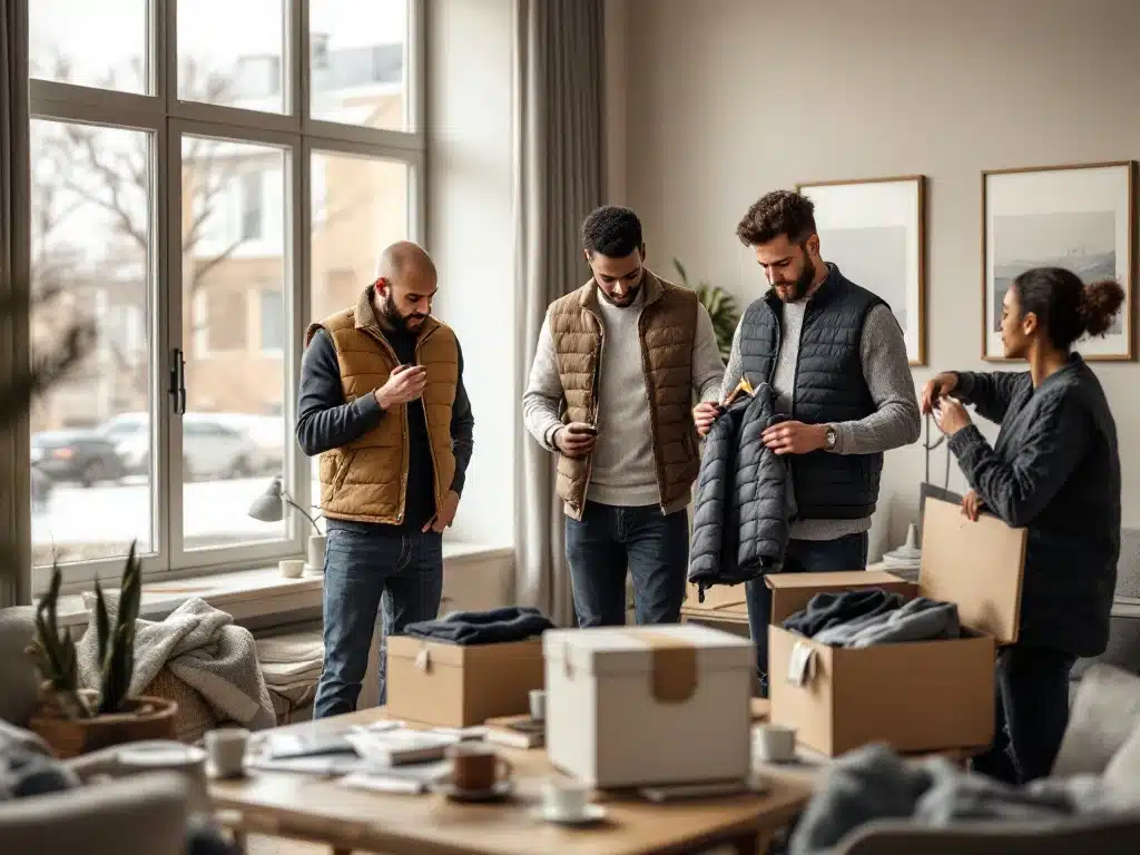Diverse mannen bekijken premium winterjassen en vesten in moderne Scandinavische woonkamer met natuurlijk licht