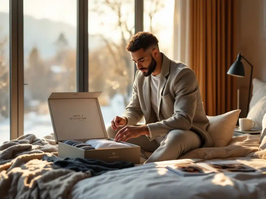 Man in jaren 30 bekijkt premium merino wollen ondergoed uit House of Einstein doos in moderne slaapkamer met warme verlichting