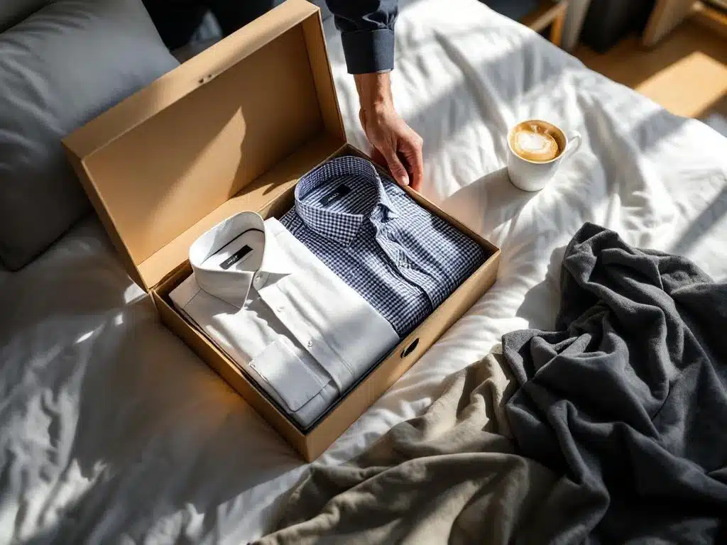 Man rangschikt gevouwen overhemden in premium kledingdoos op wit bed, bovenaanzicht met ochtendlicht