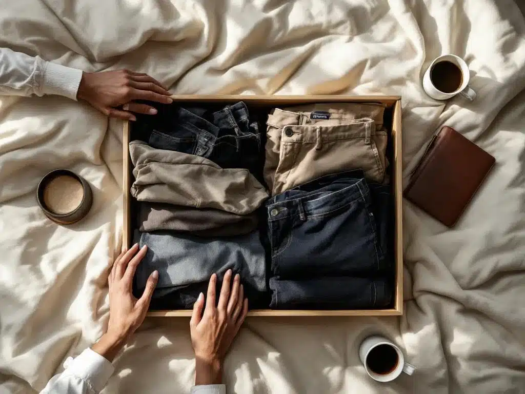 Handen onderzoeken premium denim jeans en chino broeken in kledingdoos op bed met ochtendlicht