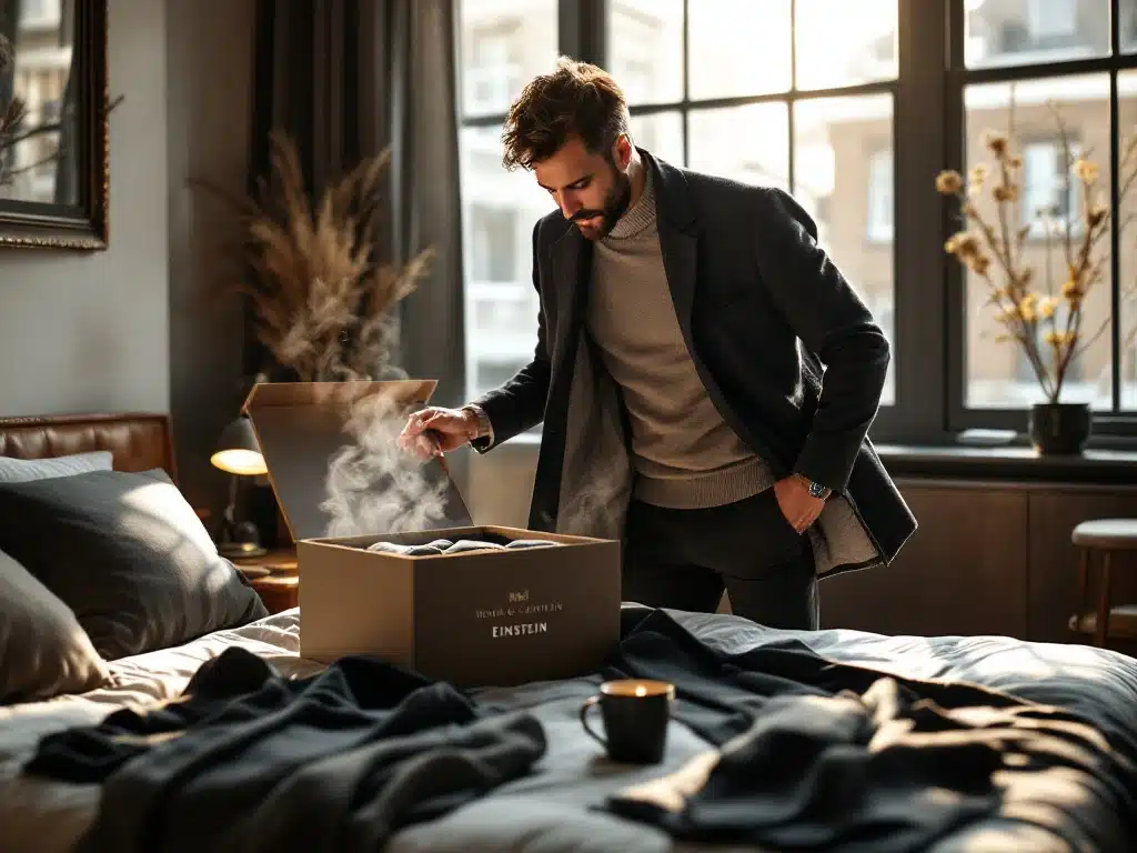 Stijlvolle man bekijkt premium winterkleding uit House of Einstein styling box in moderne stedelijke slaapkamer