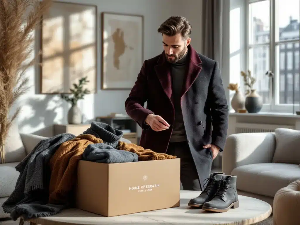 Nederlandse man bekijkt bordeauxrode winterjas uit House of Einstein kledingbox in modern Amsterdams appartement