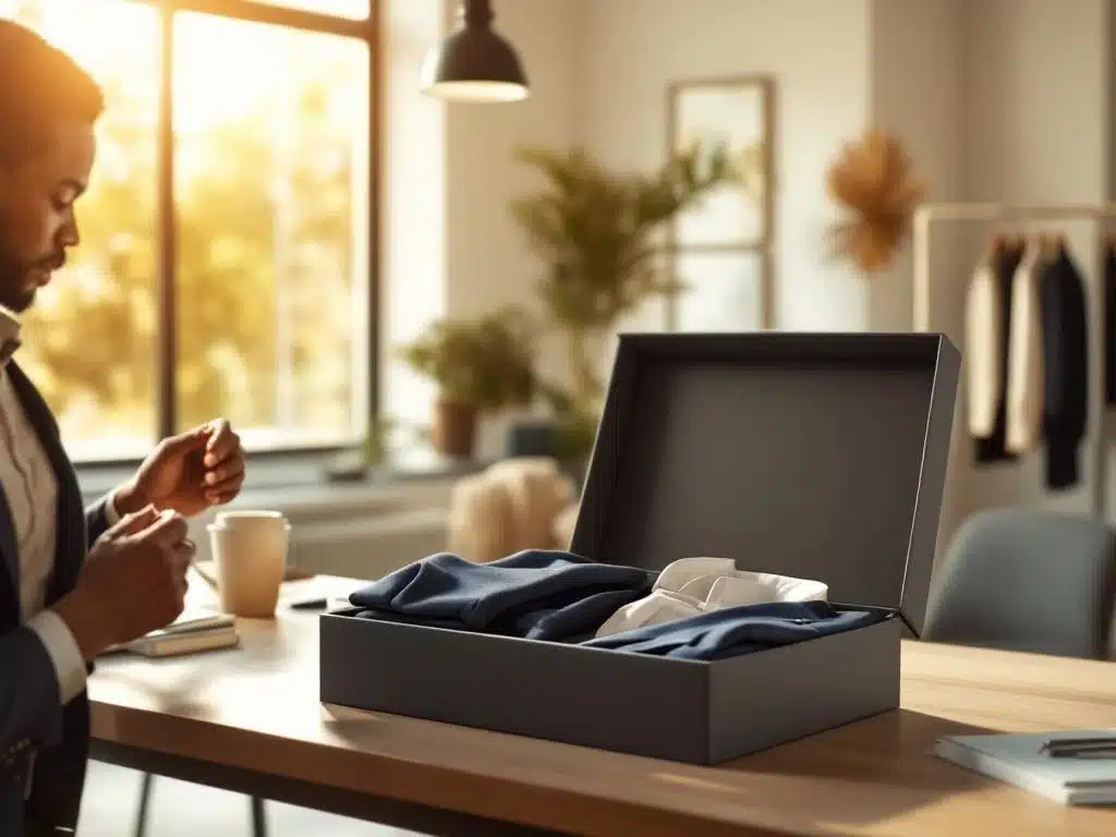 Professionele kledingbox op bureau met zakelijke kleding, handen onderzoeken pak in modern kantoor met natuurlijk licht