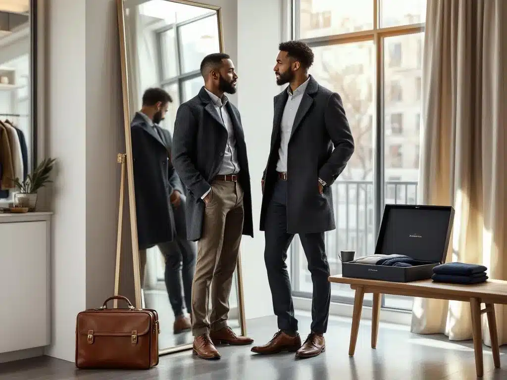 Professionele man past elegante grijze winterjas in modern appartement met House of Einstein kledingdoos op bank