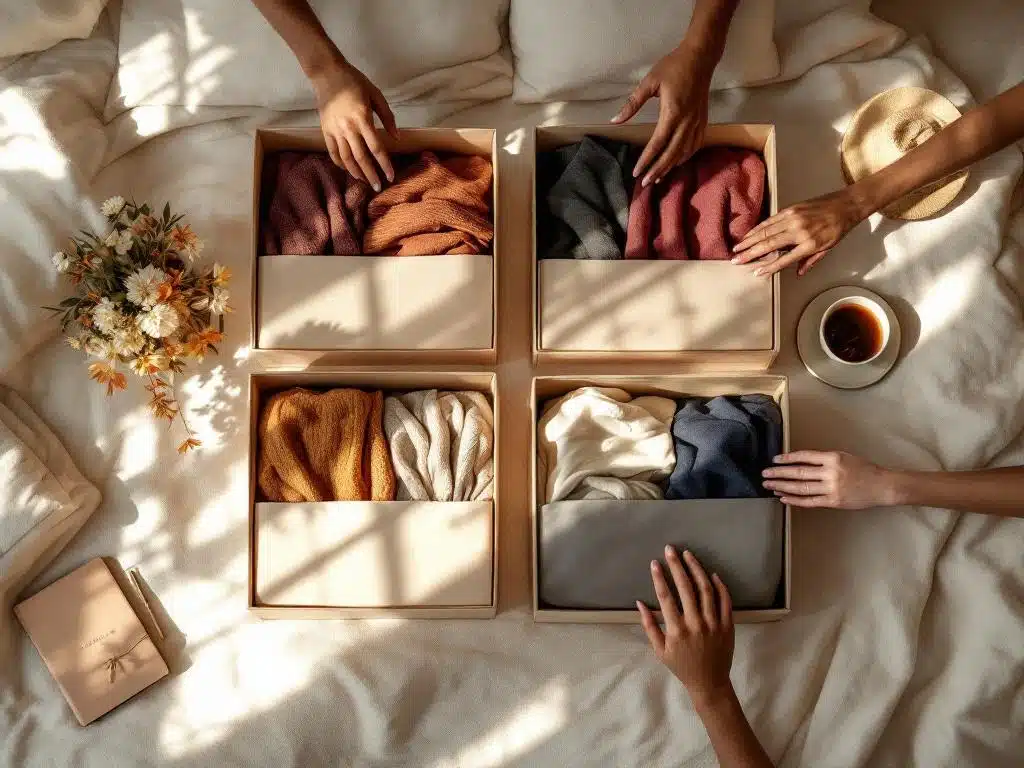 Vier seizoensgebonden kledingboxen op bed met diverse handen, bovenaanzicht van gepersonaliseerde mode-stylingservice