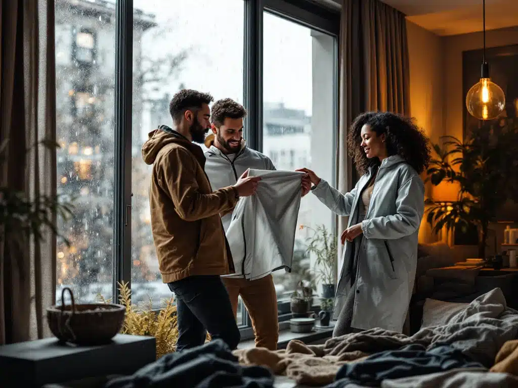 Diverse mensen bekijken waterbestendige kleding in modern Scandinavisch appartement met regendruppels op ramen