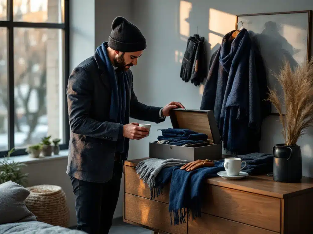 Stijlvolle man rangschikt premium winteraccessoires zoals wollen sjaals en leren handschoenen op houten dresser in modern appartement
