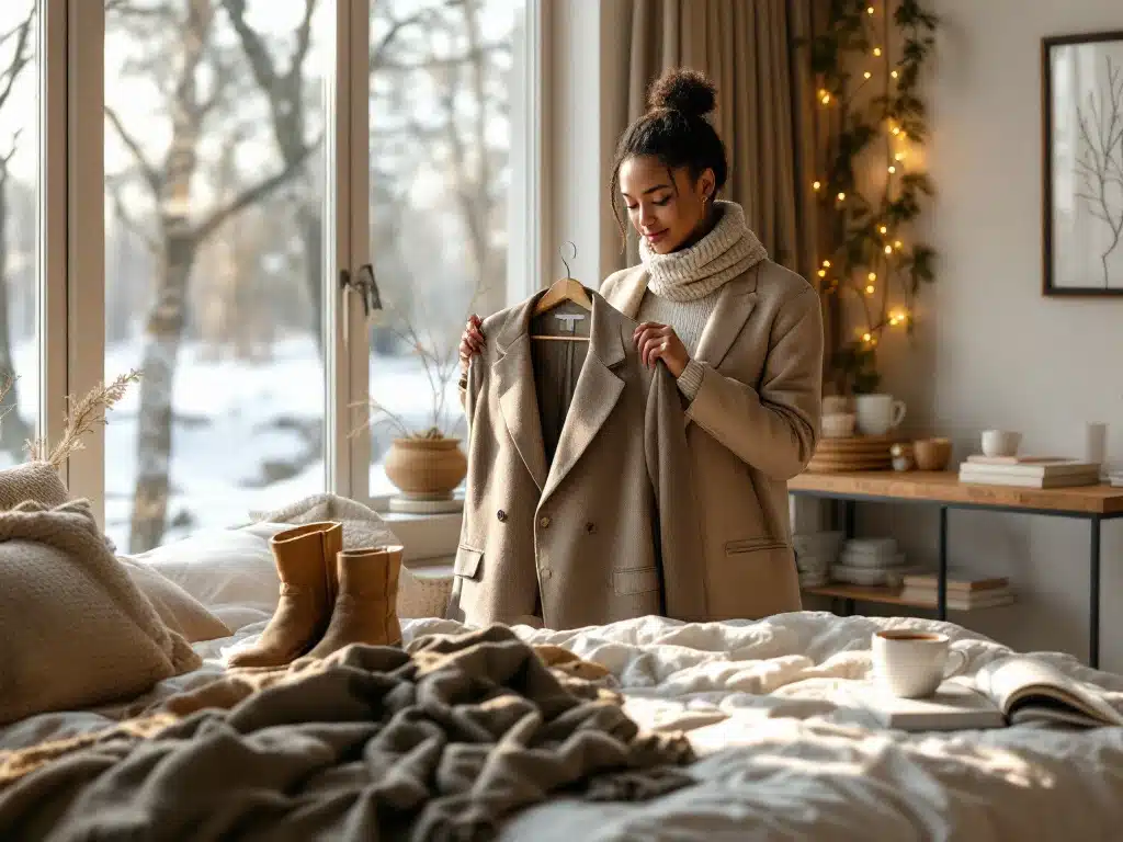 Persoon houdt wollen blazer vast terwijl ze winterkleding van House of Einstein stylingbox combineert in moderne slaapkamer