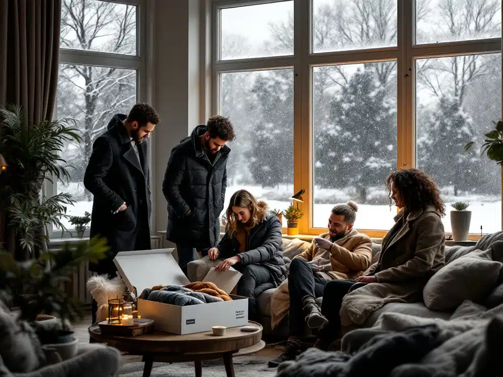 Diverse groep mensen bekijkt premium winterjassen uit House of Einstein styling box in gezellige Nederlandse woonkamer