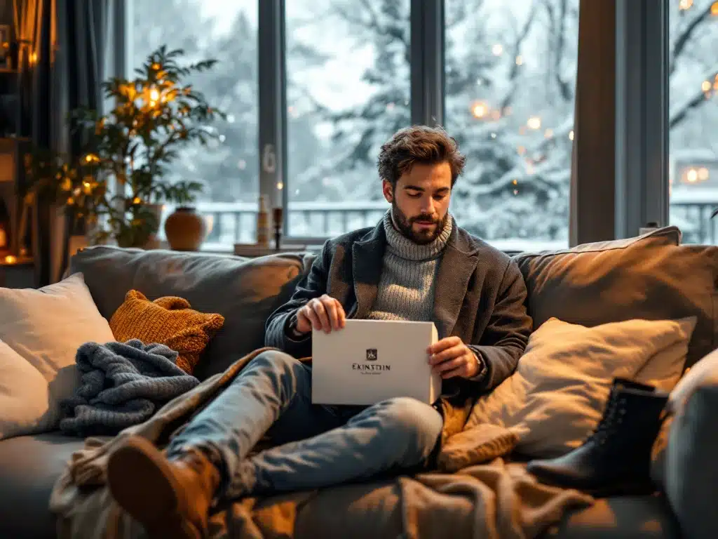 Man opent House of Einstein styling box met winterkleding op bank in modern Nederlands appartement met ramen