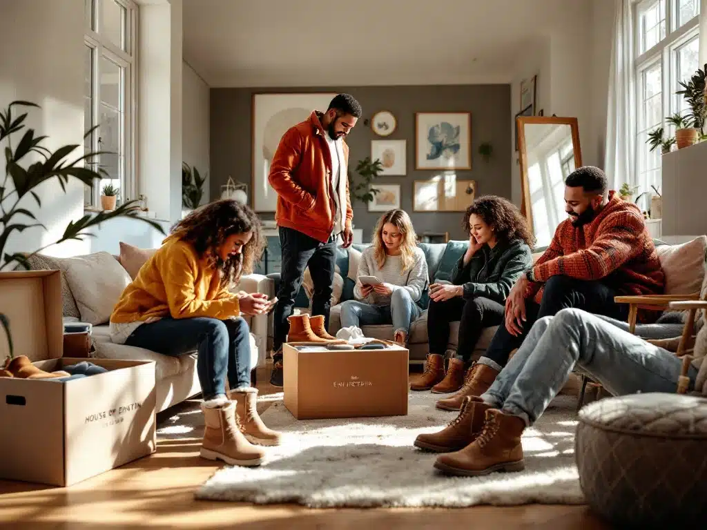 Diverse mensen passen stijlvolle winterlaarzen van House of Einstein in gezellige moderne woonkamer met warme verlichting