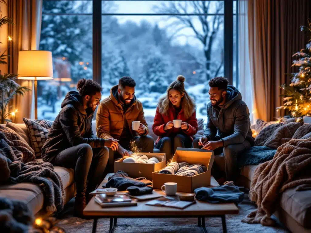 Diverse groep mensen bekijkt premium wintersportkleding in gezellige woonkamer met besneeuwde Nederlandse landschap buiten
