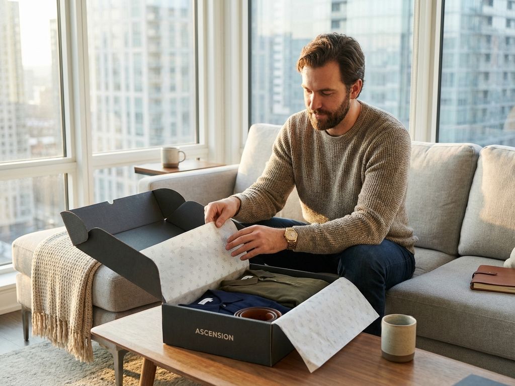 Man opent premium kledingdoos op salontafel in modern appartement met natuurlijk daglicht door grote ramen