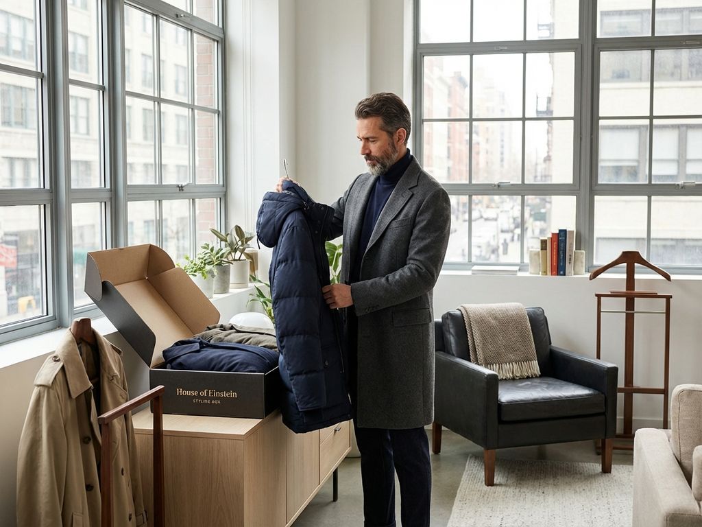 Professionele man bekijkt luxe winterjassen uit House of Einstein stylingbox in modern Scandinavisch appartement