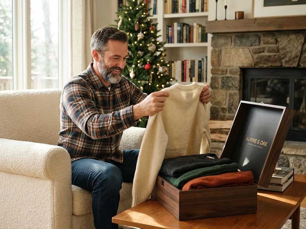Man opent doos met luxe gebreide truien en vesten in moderne woonkamer met open haard tijdens winter