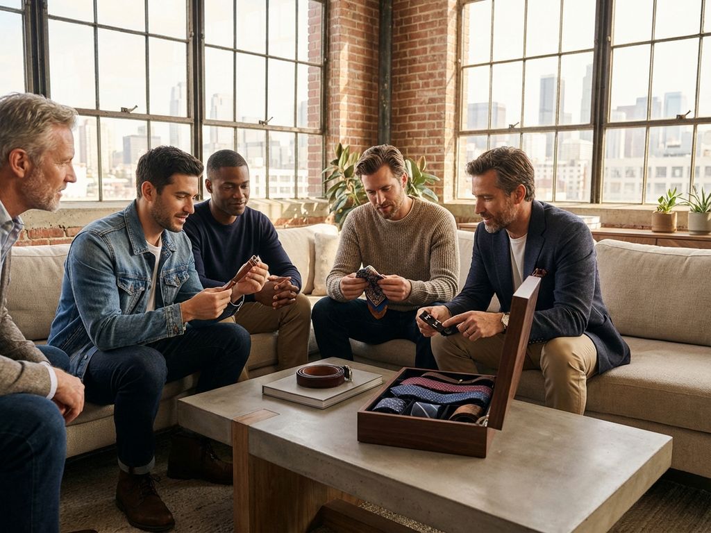 Diverse mannen bekijken luxe herenmode accessoires uit premium box in moderne loft met natuurlijk licht