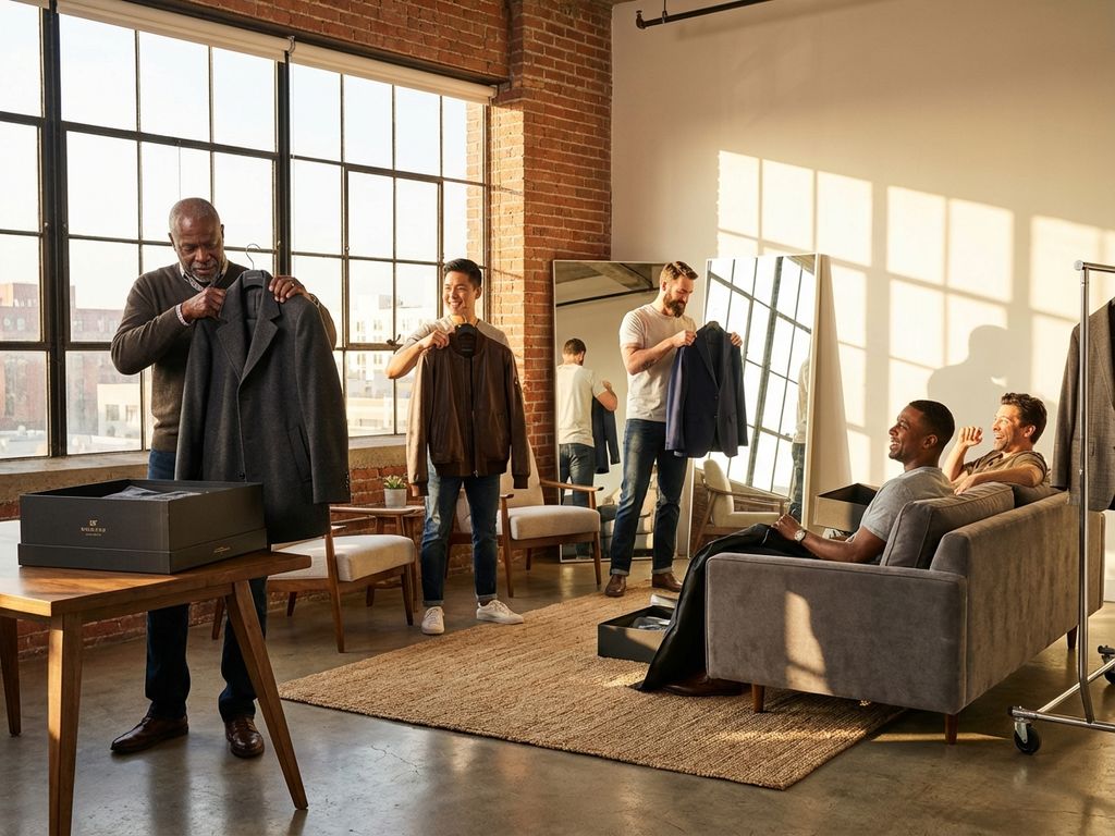 Diverse mannen passen premium jassen uit kledingboxen in moderne loft met natuurlijk licht door grote ramen