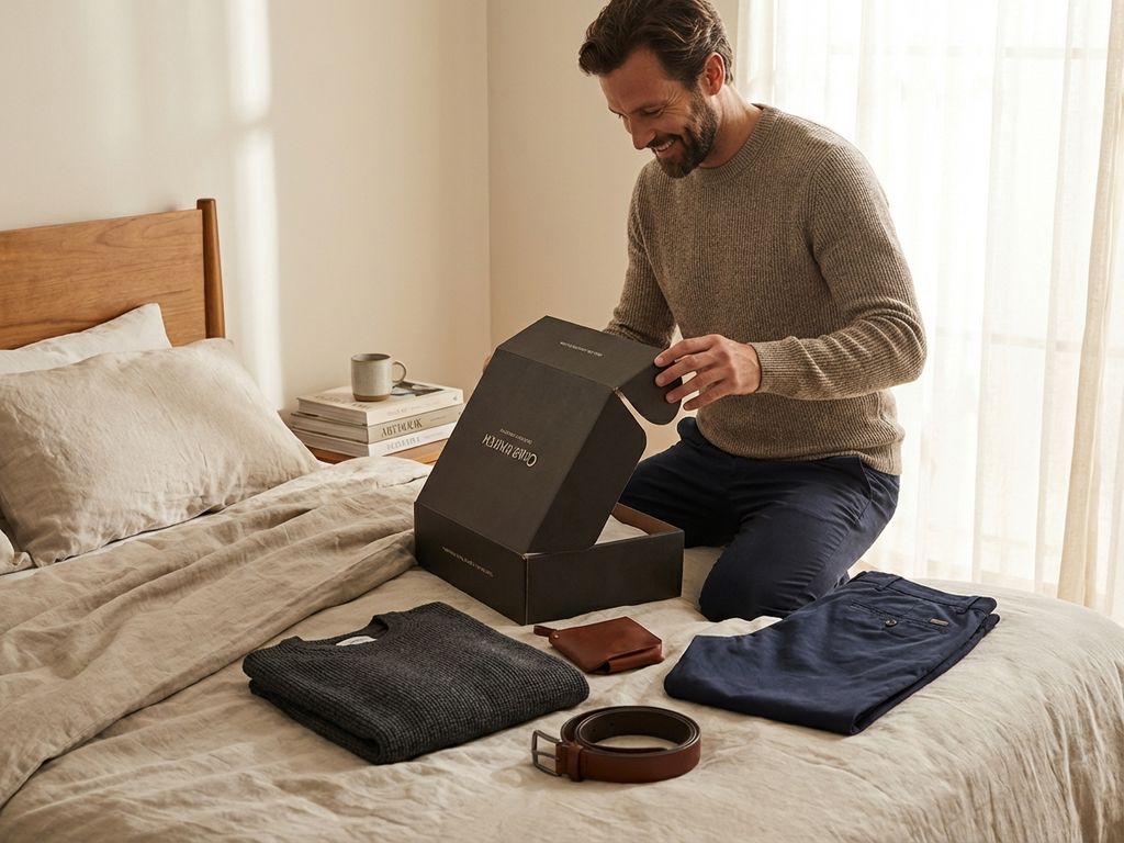 Man opent premium kledingdoos met gebreide trui en chino's op bed in moderne Scandinavische slaapkamer met ochtendlicht