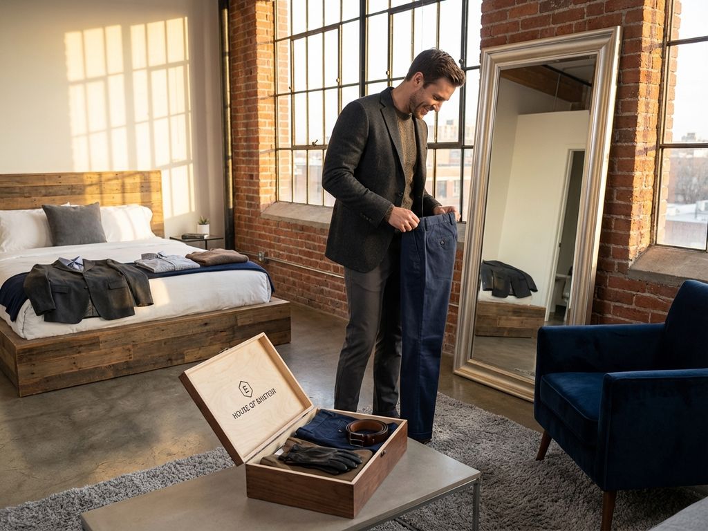Man past elegante winter chino's uit premium styling box van House of Einstein in moderne urban loft met spiegel