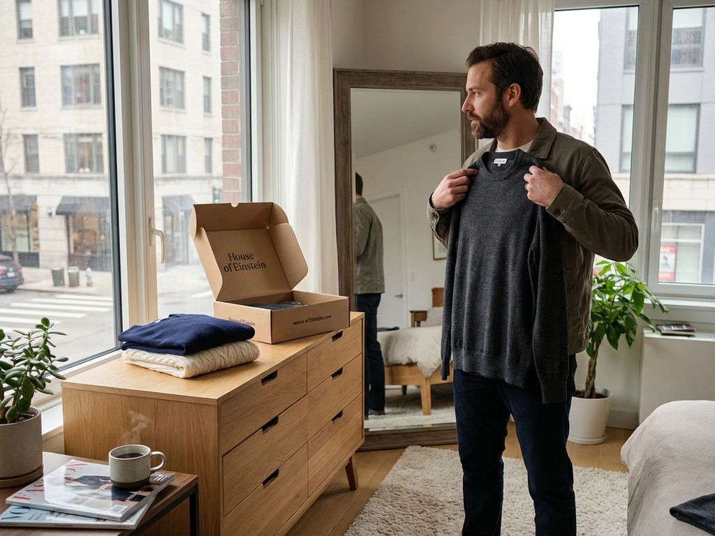 Man houdt charcoal merino trui omhoog bij spiegel, House of Einstein styling box met luxe winterknitwear op dresser