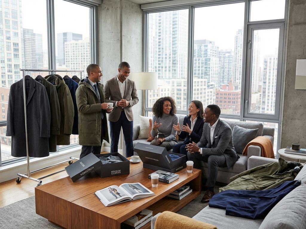Professionals bekijken elegante winterjassen in moderne woonkamer met natuurlijk licht en stijlvolle inrichting