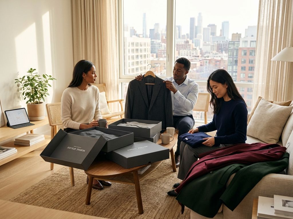 Diverse professionals kiezen winterse zakelijke kleding uit premium dozen in moderne Scandinavische woning bij ochtendlicht