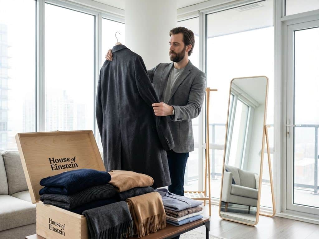 Professionele man selecteert winterkleding uit styling box in modern appartement met natuurlijk licht