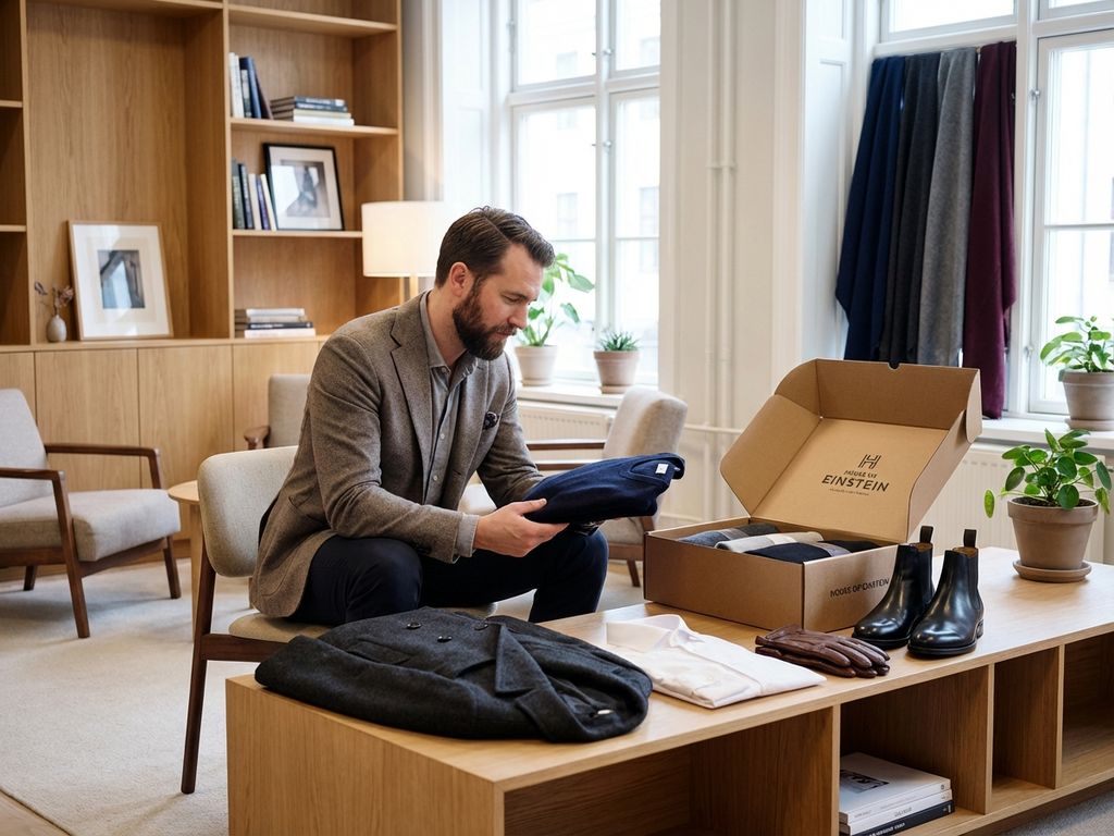 Professionele man bekijkt winterkleding van House of Einstein in moderne kantoorlounge met wollen jas en kasjmier trui
